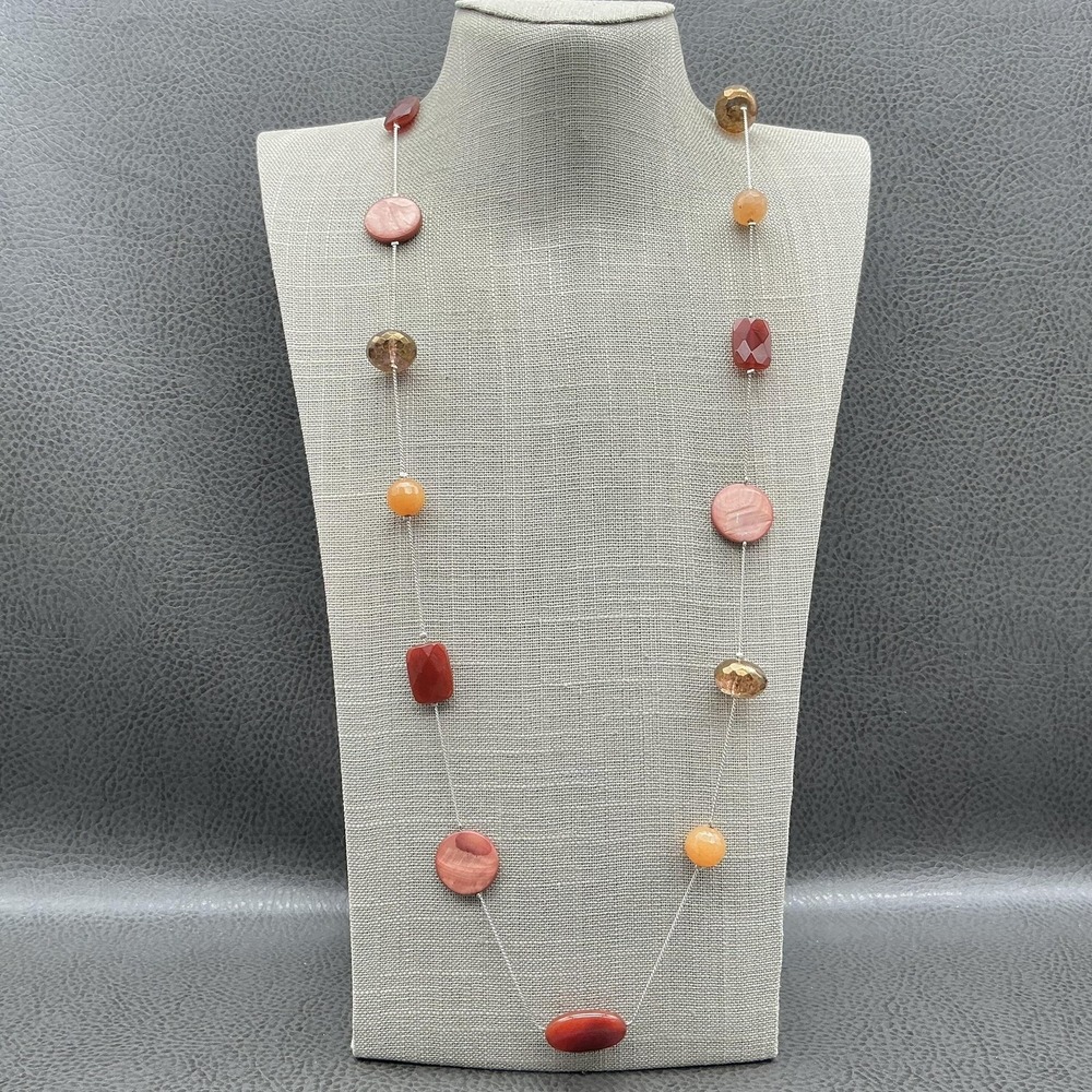 Long Multicolor Necklace Carnelian Shell Bead Silver Tone Chain Station Layering